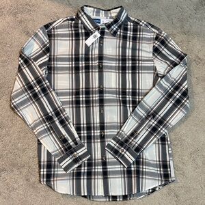 Old Navy Men's Everyday Shirt Slim Fit Brown, Taupe, and Gray Plaid Shirt